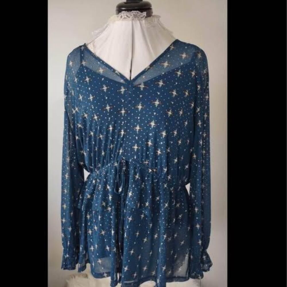 NWT 2X Style & Co Womens Long Sleeve Blouse Elastic Around Waist With Tie Belt C